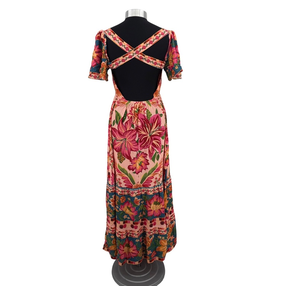 FARM Rio Tropical Floral Maxi Dress Womens Small Multicolor V-Neck Boho Resort - Picture 12 of 16
